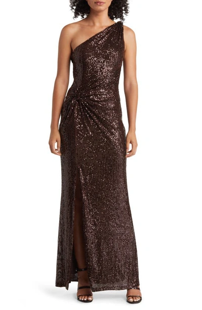 Eliza J Women's Sequined One-shoulder Side-twist Gown In Chocolate