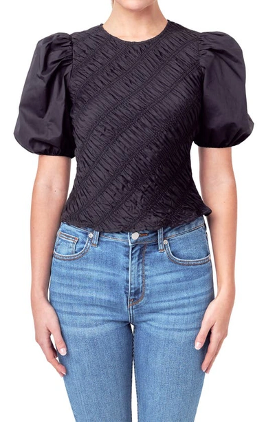 English Factory Asymmetric Shirred Puff Sleeve Top In Black