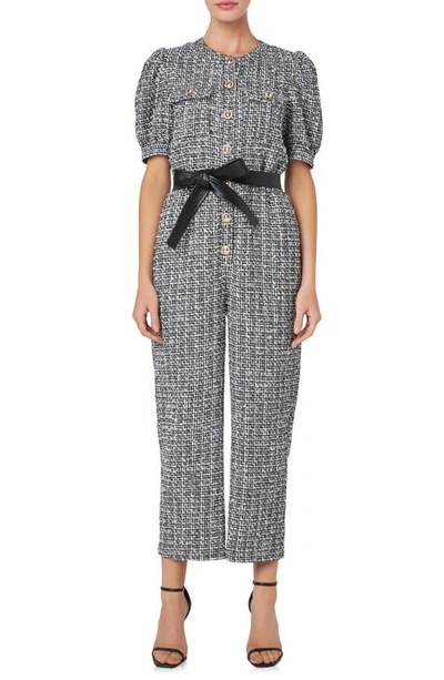 English Factory Women's Tweed Puff Sleeve Jumpsuit In Black/white