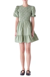 English Factory Shirred Puff Sleeve Cotton Minidress In Sage