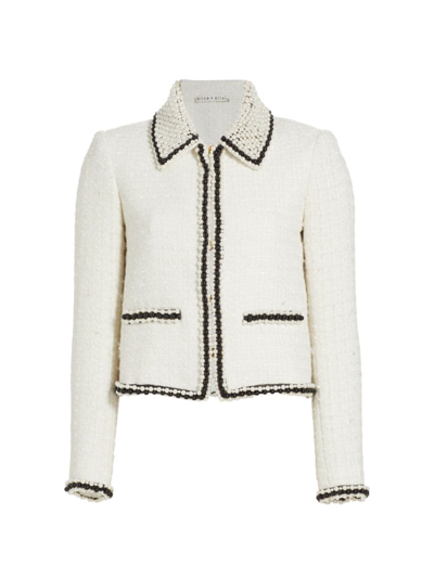 Alice And Olivia Kidman Cropped Bead-embellished Tweed Jacket In White
