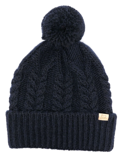 Woolrich Logo-patch Cable-knit Beanie In Blue