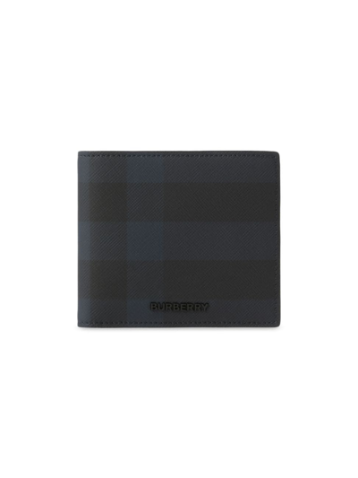 Burberry Check And Leather Bifold Wallet In Navy