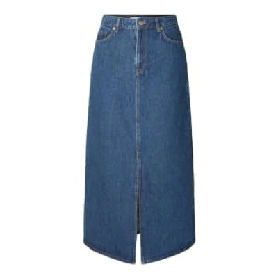 Selected Femme Denim Midi Skirt In Blue
