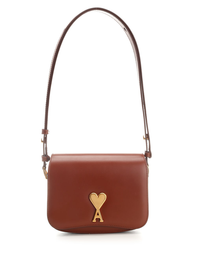 Ami Alexandre Mattiussi Small Paris Smooth Leather Shoulder Bag In Hazelnut