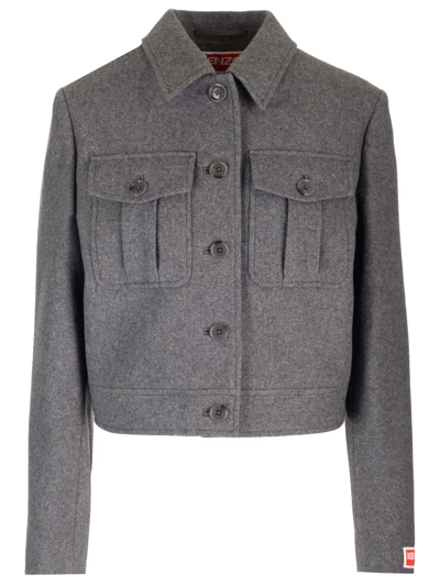 Kenzo England Wool Blend Utility Jacket In Gray