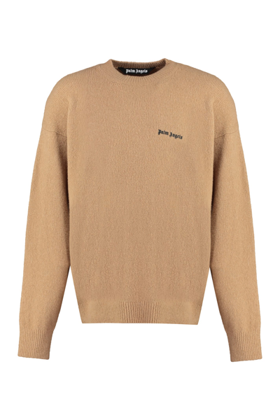Palm Angels Logo Embroidered Crewneck Sweatshirt In Brown