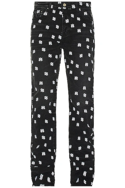 Amiri Embroidered Logo Paisley Straight Leg Jeans In Faded Blac