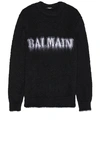 Balmain Black Crewneck Sweater With Maxi Logo Lettering On The Front And Brushed Effect In Wool Blen In Noir & Blanc