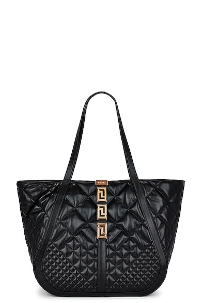 Versace Large Greca Goddess Quilted Leather Tote In Black  Gold