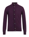 Alpha Studio Man Cardigan Burgundy Size 44 Merino Wool, Soft Leather In Purple