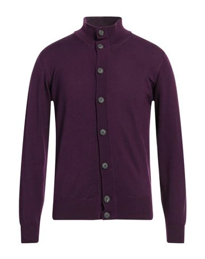 Alpha Studio Man Cardigan Burgundy Size 44 Merino Wool, Soft Leather In Purple