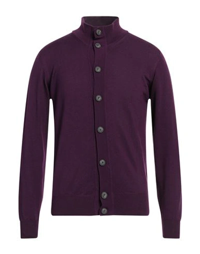 Alpha Studio Man Cardigan Burgundy Size 44 Merino Wool, Soft Leather In Red