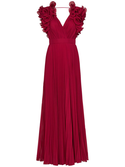 Elie Saab Ruffled Pleated Georgette Gown In Red