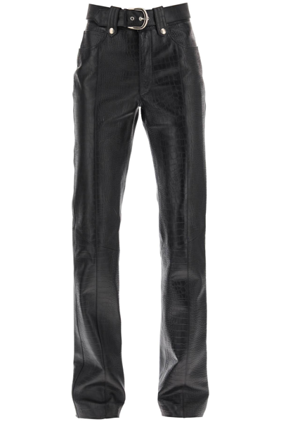 Alessandra Rich Straight Cut Pants In Crocodile Print Leather In Black