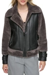 Andrew Marc Faux Fur Trim Faux Leather Aviator Jacket In Peppercorn
