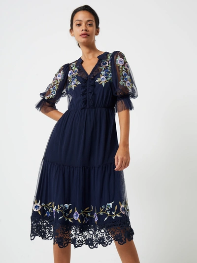 French Connection Embroidered Midi Dress In Navy