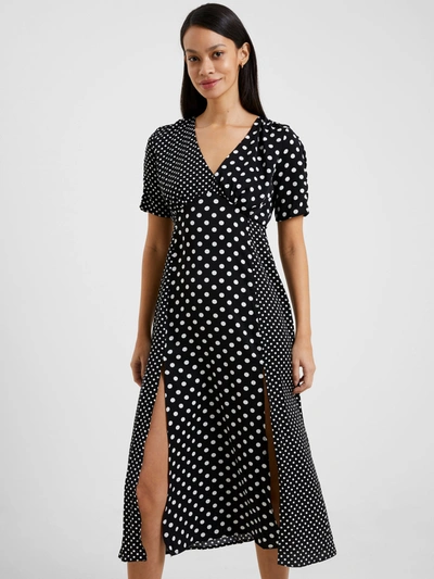 French Connection Contrast Panel Polka Dot Midi Dress In Black And White
