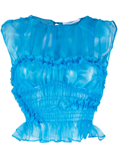 Cecilie Bahnsen Ruched Silk Blouse In Blue