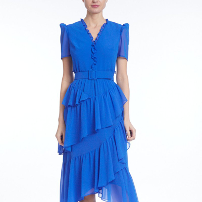 Badgley Mischka Asymmetric Tiered Crepe Dress In Bright Blue