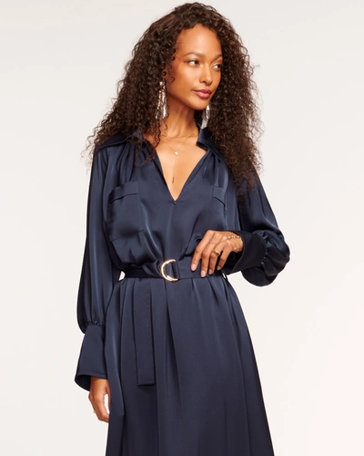 Ramy Brook Cecilia Satin Midi Shirtdress In Navy