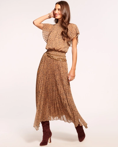 Ramy Brook Kaylee Short Sleeve Pleated Midi Dress In Spotted Camel