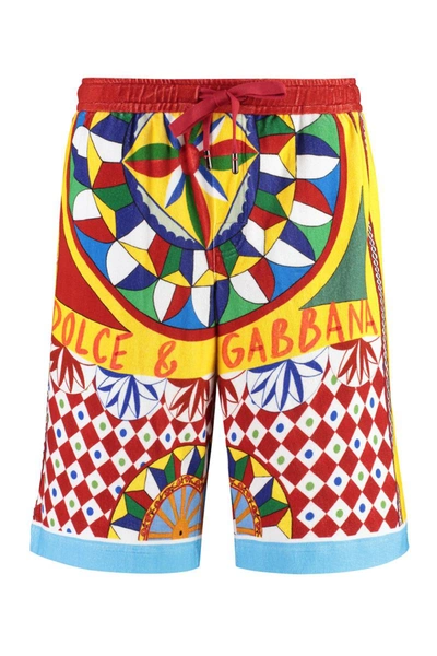 Dolce & Gabbana Terry Jersey Jogging Shorts With Carretto Print In Red