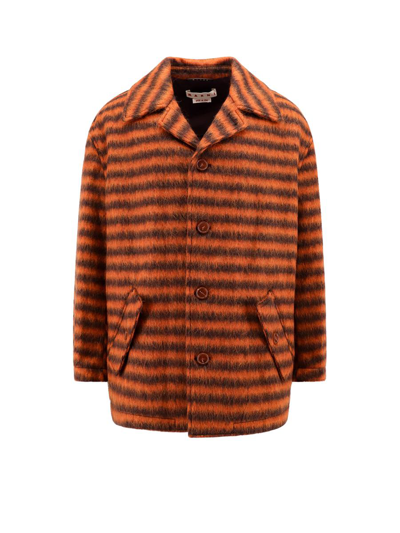 Marni Single-breasted Striped Coat In Orange