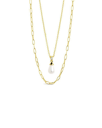 Sterling Forever 14k Plated Pearl Cz Layered Necklace In Gold