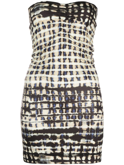 Knwls Skinn Abstract-check Strapless Minidress In Neutrals