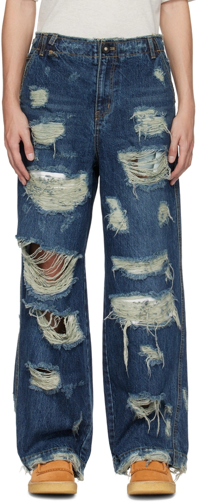 Ader Error Distressed-effect Cotton Jeans In 蓝色