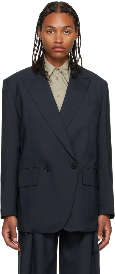 Low Classic Navy Double-breasted Blazer In Blue Green