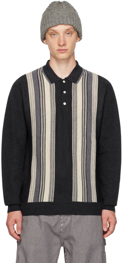 Beams Striped Wool Polo Shirt In Charcoal Grey17