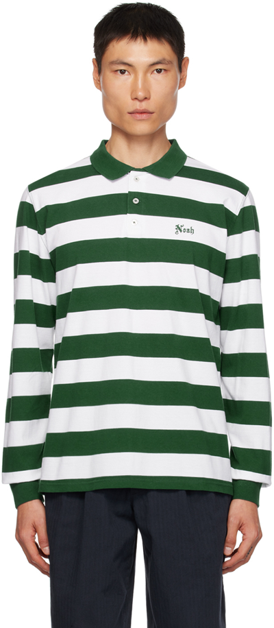 NOAH GREEN & WHITE STRIPED LONG SLEEVE POLO 