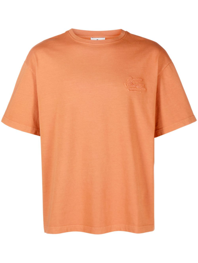 Etro Logo-embroidered Cotton-jersey T-shirt In Orange