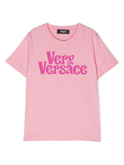 Versace Kids' Logo Print Cotton Jersey T-shirt In Pink