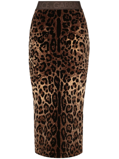 Dolce & Gabbana Chenille Calf-length Skirt With Jacquard Leopard Design In Brown