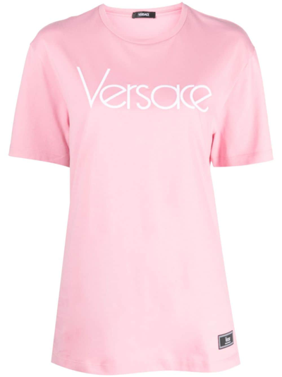 Versace Logo刺绣棉t恤 In Pink,white