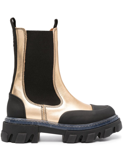 Ganni Metallic Effect Round Toe Chunky Chelsea Boots In Yellow