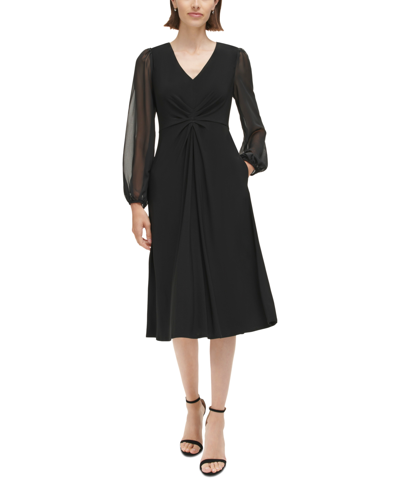 Jessica Howard Petite Gathered Blouson-sleeve Midi Dress In Black