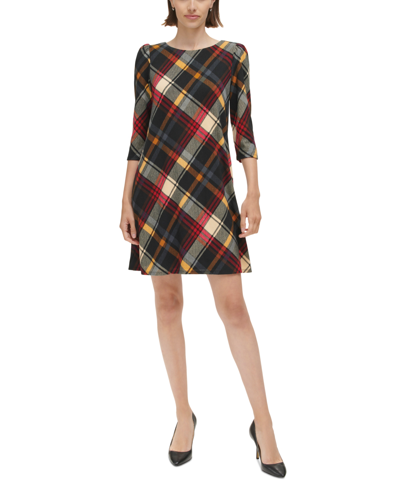 Jessica Howard Petite Plaid Puff-sleeve A-line Dress In Red Multi