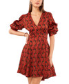 1.STATE WOMEN'S PRINTED V-NECK TIERED BUBBLE PUFF SLEEVE MINI DRESS