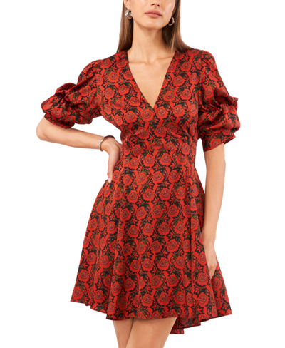 1.state Women's Printed V-neck Tiered Bubble Puff Sleeve Mini Dress In Studio Red