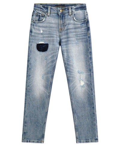 Guess Big Boys Recycled Stretch Denim Distressed 5 Pocket Slim Jeans In Blue