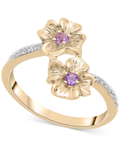 Macy's Amethyst (1/10 Ct. T.w.) & Diamond Accent Flower Bypass Ring In 14k Gold-plated Sterling Silver