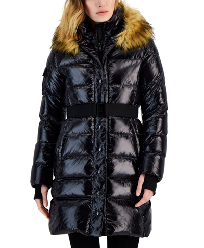 S13 Women's Chalet Belted Faux-fur-trim Hooded Puffer Coat In Black