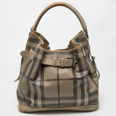 Pre-owned Burberry Beige Smoked Check Pvc And Leather Walden Hobo