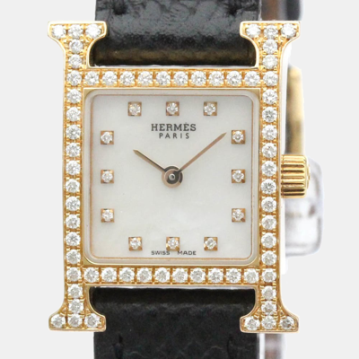 Pre-owned Hermes Mop Diamonds 18k Rose Gold Hh1.171 Women's Wristwatch 17 Mm In White