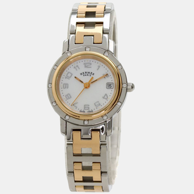 Pre-owned Hermes Mop Yellow Gold Plated Stainless Steel Clipper Cl4.222 Women's Wristwatch 24 Mm In White