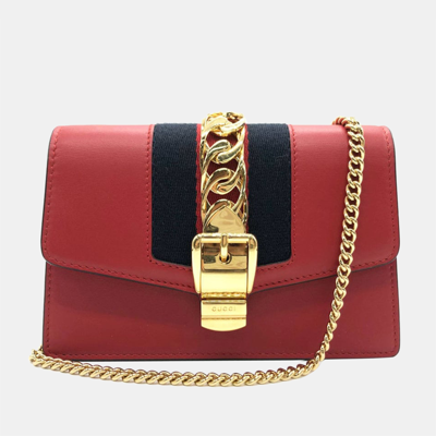 Pre-owned Gucci Red Leather Super Mini Sylvie Chain Shoulder Bag